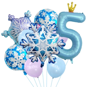 Ballonnenset 5e verjaardag met blauw krooncijfer vijf en sneeuwvlok folieballonnen
