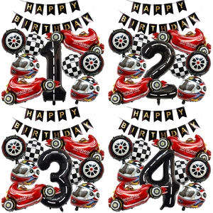 Raceauto Verjaardagsfeestje Decoratie Ballonnen Geblokte Vlag Band Helm Folie Ballonnen Zwart Nummer Voor Jongens Verjaardag