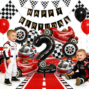 Race thema verjaardagsset met rode auto ballon en racebaan nummer twee decoratie set