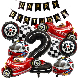 Racewagen thema 2e verjaardag set met folieballonnen en happy birthday versiering