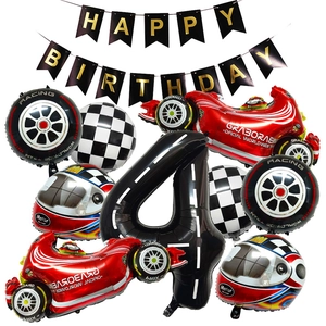 Racewagen verjaardag ballonset met banden helmen en Happy Birthday banner