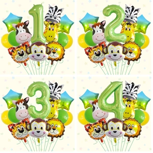 Palloncini in Foil Animali della Giungla Tema Foresta Numero Verde Leone Tigre Scimmia Stella Palloncini in Lattice per Decorazione Festa di Compleanno Bambini