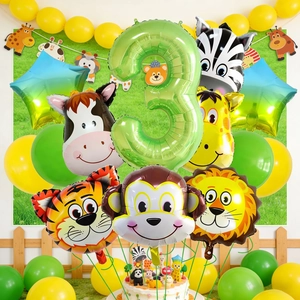 Set palloncini animali della foresta con numero 3 verde per festa di compleanno
