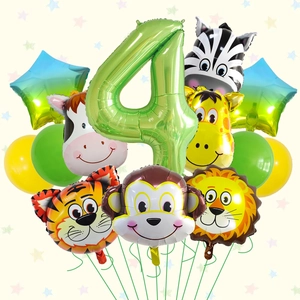 Set palloncini animali della foresta con numero 4 verde e teste di leone e tigre