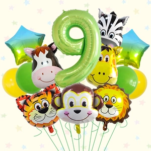 Set palloncini animali della giungla per 9 compleanno con numero 9 verde e animali