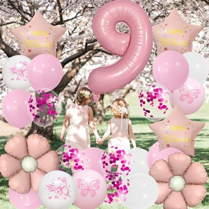 Pink number 9 butterfly balloon set with daisy flowers for girl's 9th birthday party decor