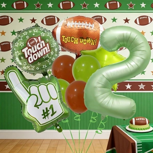 Football theme 2nd birthday party decoration set with green and brown foil balloons