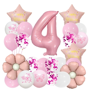 Pink and white 4th birthday balloon set with butterflies, flowers, and number 4