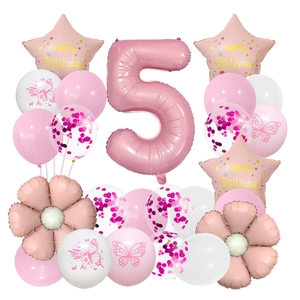 Pink daisy butterfly 5th birthday balloon set with star and confetti latex balloons