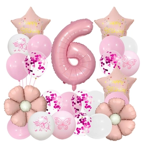 Pink daisy butterfly birthday balloon set with number 6 and star foil decorations