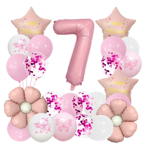 Pink number 7 foil balloon set with daisy and star patterns for birthday party decor