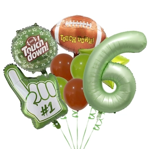 Detail of football party balloon set with Touch Down graphics and number 6 foil balloon