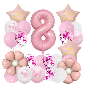 Detail of pink number 8 foil balloon set with daisy and butterfly prints for birthdays
