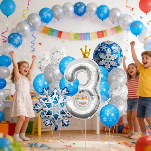Decorazioni festa Frozen con palloncino argento numero 3 e ornamenti a fiocco di neve