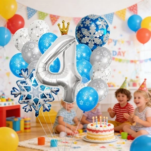 Set palloncini 4° compleanno Frozen con numero 4 argento e palloncini foil a fiocco di neve