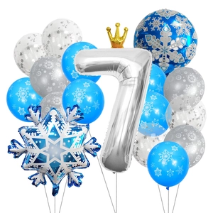 Dettaglio set palloncini Frozen con numero 7 argento, fiocco di neve e una corona
