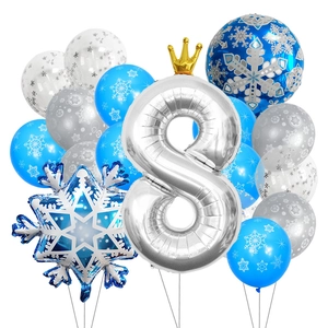 Dettaglio kit palloncini 8° compleanno con numero 8 argento e fiocchi di neve blu