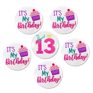 Lot de 6 badges d'anniversaire 13 ans en fer-blanc avec motifs de cupcake et couronne