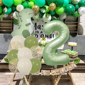 Kit de ballons anniversaire 2 ans vert olive avec dinosaure et décors mats