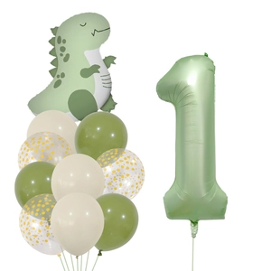 Détail de l'ensemble de ballons dinosaure vert olive avec numéro un pour premier anniversaire