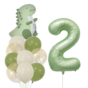 Détail du kit de ballons numéro 2 vert olive avec dinosaure pour décor d'anniversaire