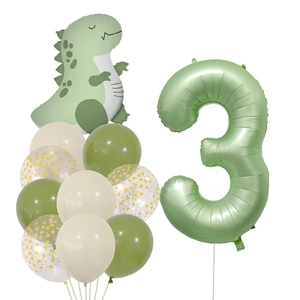 Détail du kit ballons dinosaure avec chiffre 3 vert olive pour décor de fête garçon