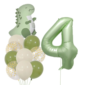 Kit ballons 4ème anniversaire vert olive avec dinosaure et ballons en latex mats