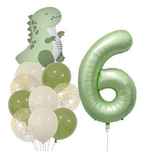 Détail du kit de ballons chiffre 6 vert olive avec dinosaure pour anniversaire