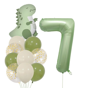 Détail du kit ballons 7ème anniversaire avec dinosaure vert et chiffre 7 vert olive