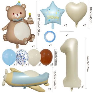 Set de globos para primer cumpleaños con avión azul oso pardo y estrellas decorativas