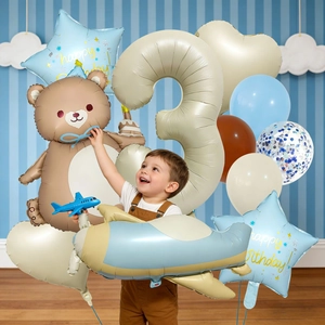 Set de globos de oso mate para decoración de tercer cumpleaños con avión y estrellas