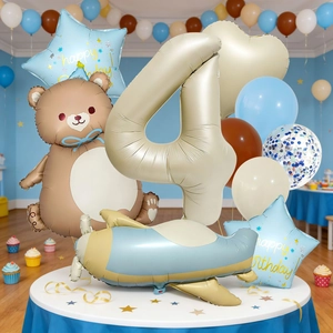 Set de globos mate con oso y avión para decoración de fiesta de 4º cumpleaños