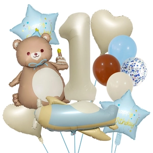 Set de globos mate con oso, avión y número 1 para decoración de primer cumpleaños