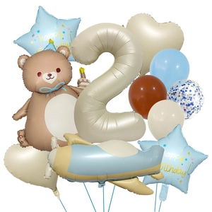 Set de globos para 2º cumpleaños con oso, avión y número 2 de papel de aluminio