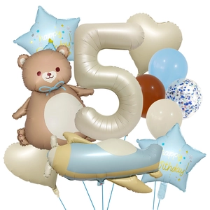 Set de globos de oso azul y marrón con número 5 beige y avión para fiesta de cumpleaños