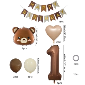 Set de globos para primer cumpleaños de oso con número 1 en color crema y marrón