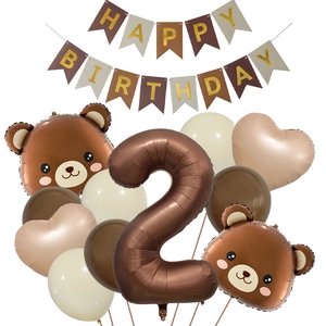 Set de globos de osito marrón para 2 cumpleaños con pancarta de Happy Birthday