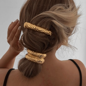 Women Minimalist Metal Hammered Texture Hair Clip And Elastic Hair Tie Set Personalized Geometric Gold Silver Hair Accessories