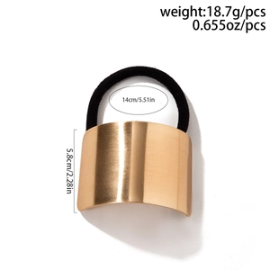 Detailed view of large golden brushed metal hair cuff with elastic band and dimensions