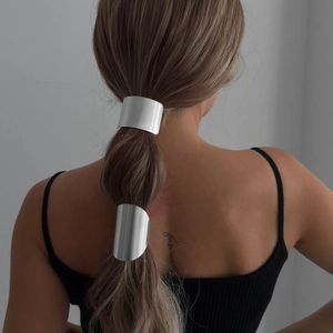 Minimalist silver metal ponytail cuff hair ring with matte brushed finish for women