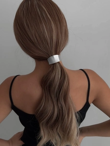 Matte silver alloy ponytail cuff hair tie shown from behind on a fashion model