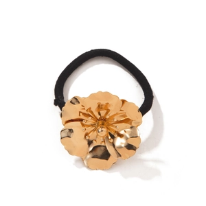 Elegant gold flower hair tie with multi-layer petals and high-elastic black rubber band