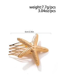 Gold starfish hair comb detail showing 6cm size, 7.7g weight and textured alloy surface