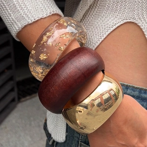 Wide Bangle Bracelets Stack With Gold Foil Resin Wood And Polished Alloy Geometric Bohemian Style For Women