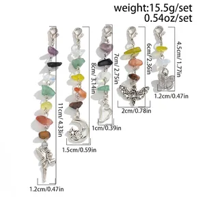 Size chart showing multi-element tassel hair chains with colorful stones and alloy charms