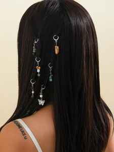 Bohemian hair rings with butterfly and colorful stone pendants on braided hair