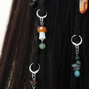 Creative mushroom and crystal stone hair accessories set on braided hair photography