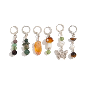 Ethnic style silver earring set with butterfly charms and natural stone beads
