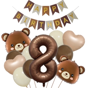 Kit de cumple de oso con globo número 8, lámina de corazón y cartel de Happy Birthday