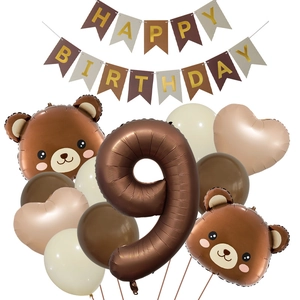 Set de cumpleaños de oso pardo con pancarta y globos de papel de aluminio número 9